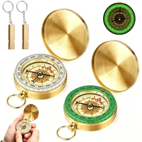 4er Kompass Outdoor Pocket Wasserdicht Taschenkompass Klappdeckel Compass | Set mit Leuchtziffern Kompass und Metall Notfallpfeife für Outdoor Aktivitäten Wandern Klettern Navigation