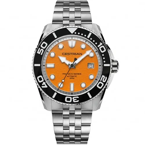 Cestrian Herren-Pro Dive 42 mm Automatik-Uhr, orangefarbenes Zifferblatt, Gehäuse und Armband aus 316L-Edelstahl, 300 m wasserdicht