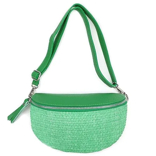 Made in Italy Damen Leder Tasche Basttasche Schultertasche Gürteltasche Sommer Strandtasche Crossbody Bauchtasche Umhängetasche Cross-Over Bodybag Handytasche Geflochten Bast Abendtasche Grün