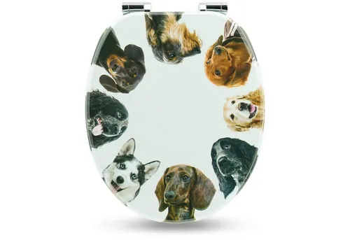 Sanfino WC-Sitz „Dog Circle“ mit Absenkautomatik - Toilettendeckel aus hochwertigem Holz mit Soft Close Funktion für geräuschloses Schließen. Bunte Motive verleihen Ihrem Bad eine individuelle Note, während die einfache Montage überzeugt.