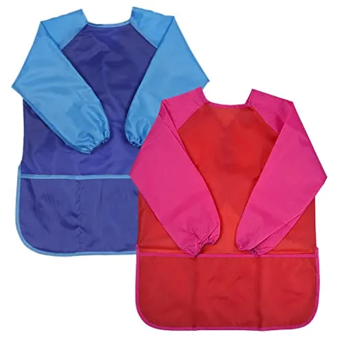 Stück Malschürze Kinder 5-10 Jahre, Kinderschürze mit langen Ärmeln, Malkittel Kinder Bastelschürze für Mädchen/Junge, Paint Apron Kids zum Malen Basteln Kochen Backen, Blau & Rot (Mittel) 2