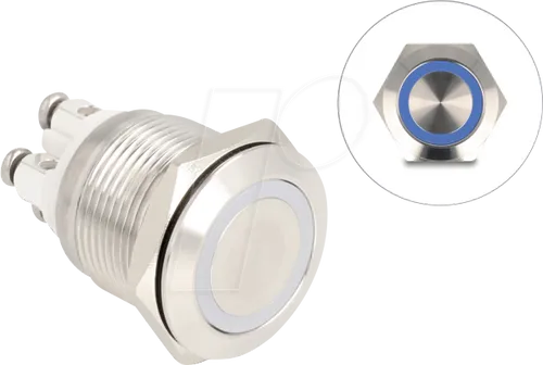 DELOCK 20980 - Drucktaster Edelstahl, beleuchtet, LED - Ring, blau, IP65