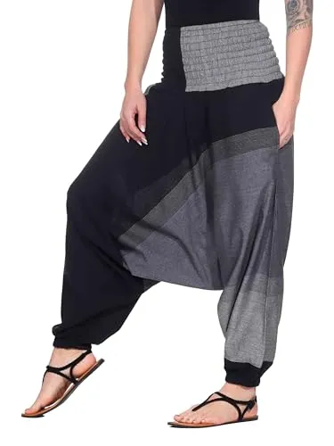 Kunst und Magie Unisex Haremshose in Grau/Schwarz - Bequeme Haremshose aus 100% Baumwolle, ideal für Freizeit und Yoga. Ein orientalischer Traum in One Size, perfekt für Damen und Herren sowie als Umstandshose geeignet.