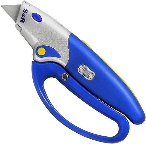 S&R Teppichmesser Automatisches Profi Cuttermesser 175mm, Handschutz, SK5 Stahl, (6-tlg), praktische Mechanik zum Ein- und Ausfahren der Klinge