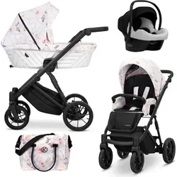 Kinderwagen IVENTO Sportwagen Babywagen Babyschale Komplettset Kinder Wagen Autositz Set 3 in 1 (Delicate Flowers, Rahmenfarbe: Schwarz) - Schwarz
