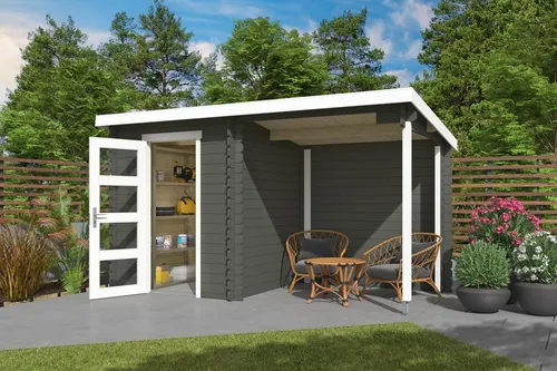 Gartenhaus Blockhaus Pultdach 28 mm Jelle Plus - Gartenhaus mit robustem 28 mm Blockbohlenbau, abschließbar und ideal als Freisitz. Maße: 390x195 cm, mit hochwertigem Echtglas und 2 Jahre Garantie.