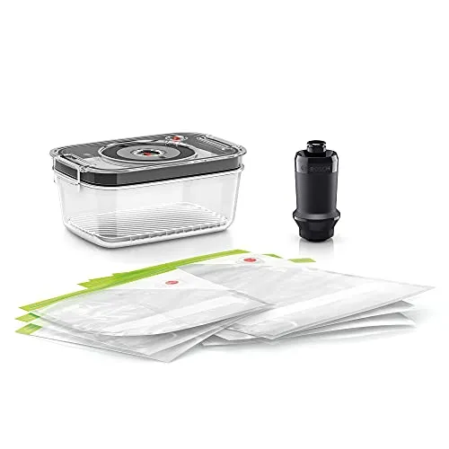 Bosch Vakuum-Frischhalteset MSZV6FSG1 - Vorratsdosen-Set für längere Frische: Enthält Vakuumpumpe, 1,2l Vakuum-Glasbehälter und wiederverwendbare Beutel. Temperaturbeständiges Borosilikatglas, BPA-frei und spülmaschinengeeignet.