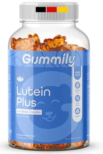 Lutein Gummibärchen - LABORGEPRÜFT - Augen Vitamine mit Beta-Carotin, Vitamin C, E & Zink - 5000 MCG Vitalstoff-Formel - Vegan, Zuckerfrei & Ohne Gentechnik - Orangen Geschmack - 60 Stück - Gummily®