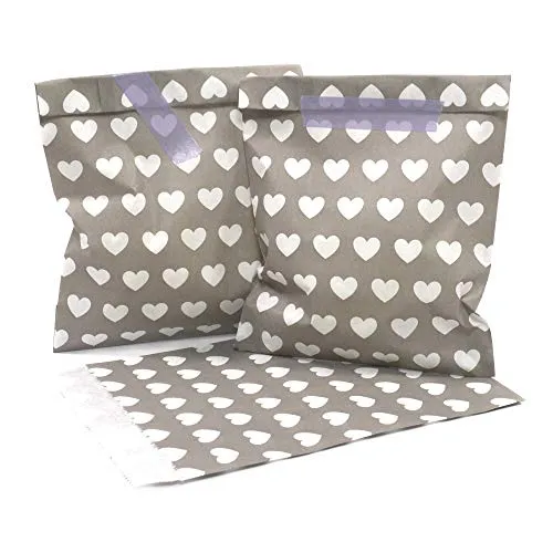 Frau WunderVoll® 100 PAPIERTÜTEN Taupe/HELLGRAU, Herzen 13 x 16,5 cm, 45 Gramm Papier, flach/Candy Bar, Hochzeit, Kindergeburtstag, Papiertütchen, Candybag, Tüten, Mitgebseltüten