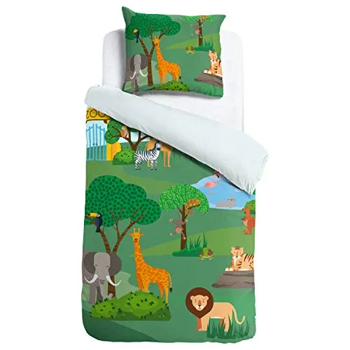 ESPiCO Kinderbettwäsche Zoo, 2-teilig mit Giraffe, Zebra & Löwe - Bettwäsche-Set aus 100% Baumwolle mit zauberhaftem Zoo-Motiv für spannenden Schlafkomfort und aufregende Träume.