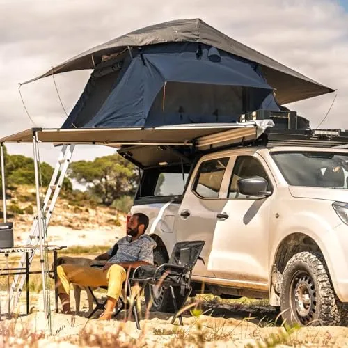 Prime Tech | Autodachzelt Wasteland Pro L | Softshell Dachzelt 240x140 cm | Azur-blau/Oliv-grün | Inkl. 3D-Mesh-Unterlage & Ripstop-Stoff | Skyview | Leichtgewicht 50 kg | Schneller Aufbau