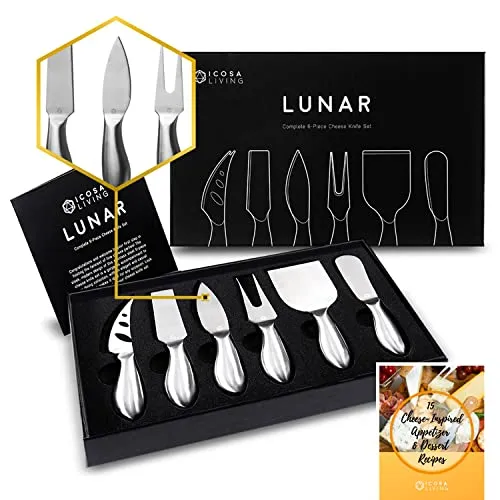ICOSA Living Lunar Premium 6-Teiliges Käsemesser Set - Komplette Käsemesser-Kollektion aus Edelstahl mit 15 Festlichen Rezepten (zum Verschenken bereit)