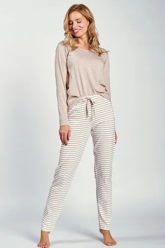 Mademoiselle Sommeil Damen Schlafanzug Set | Rosa-Beige & Cremefarbene Streifen - Schlafanzug für Damen – Stilvolles Set mit langärmligem Oberteil und bequemer Hose aus 100% Baumwolle, perfekt für kühle Nächte.