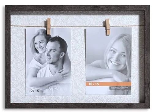 VictoR Bilderrahmen Collage Clip Rahmen in braun für 2 Bilder in 10x15 cm - Rahmen aus Holz mit extra Klammern zum anheften von Fotos