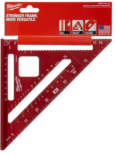 Milwaukee metrisch Anschlagwinkeldreieck - Zimmermannswinkel mit präzisen Anreißkerben und gut sichtbaren lasergeätzten Markierungen für einfaches, genaues Arbeiten bei Rohrmaterialien.