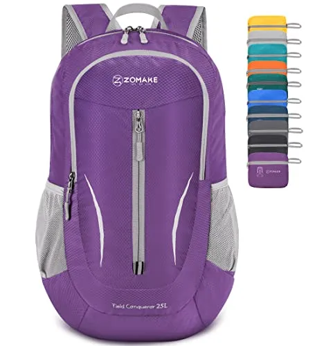 ZOMAKE 25L Faltbarer Rucksack Ultraleicht – Rucksack Damen Klein, Wanderrucksack Herren, Leichter Tagesrucksack & Trekkingrucksack, Wasserabweisend für Reisen, Camping und Outdoor (Violett)