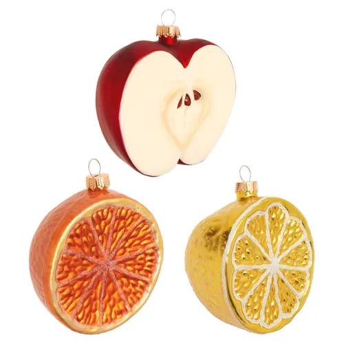 Krebs Glas Lauscha Christbaumschmuck 3er Set - Obst-Design - Handgefertigter, mundgeblasener Weihnachtsbaumschmuck in Form von Apfel, Orange und Zitrone. Einzigartige Farben und Qualität für festliche Dekoration.