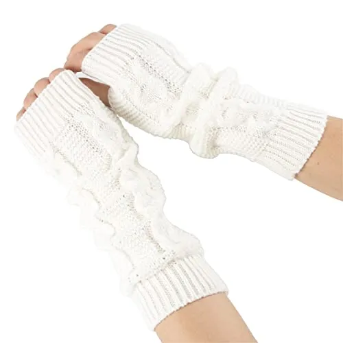 Lange Armstulpen, fingerlos, gestrickt, mit Daumenloch, dehnbare Handschuhe, Winter, Wärmeschutz für Damen, Mädchen, 1 Paar, 30 cm, Weiß