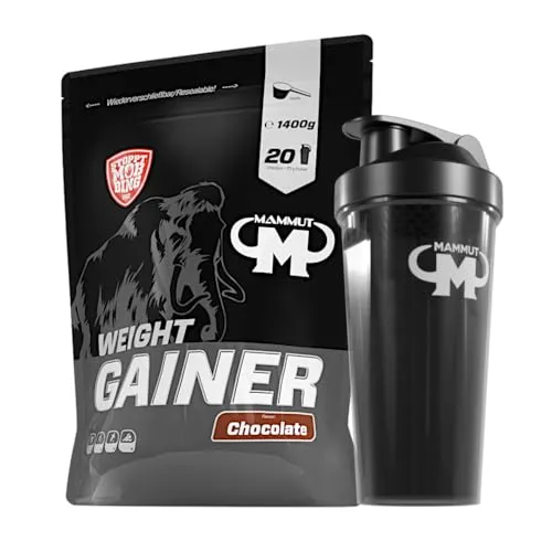 Mammut Weight Gainer Crash 5000 für Hardgainer - Set (Schoko + Protein Shaker) 1,4 kg - Energiegeladener Weight Gainer für Hardgainer, ideal zur Unterstützung der Gewichtszunahme. Enthält hochwertige Kohlenhydrate und Proteine für optimale Ergebnisse im Sport.