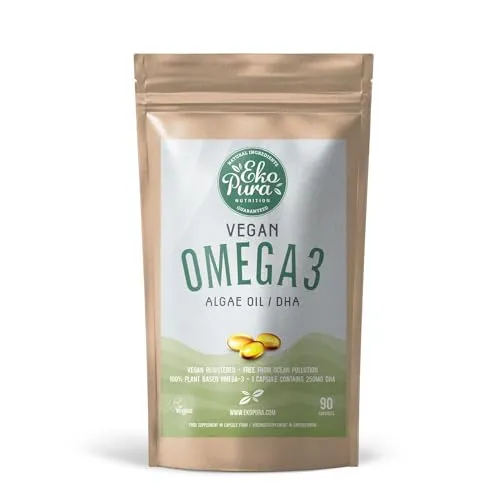 Produktbild Ekopura Veganes Omega 3 Algenöl 90 Kapseln | 250mg DHA pro Kapsel | Unterstützung von Gehirn und Augen | GMO-frei | pflanzliche Alternative zu Fischöl | 3 Monatsvorrat (1 Kapsel pro Tag)
