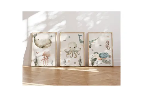 MeinBaby123® Poster Kinderzimmer Meerestiere,  Kinderzimmer Deko, Kinderzimmer Bilder, Unterwasserwelt, süßer Wal, Schildkröte, Qualle