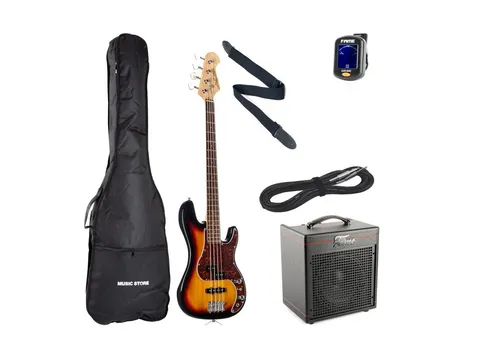 E-Bass Anfänger Set J & D PBJ 3-Tone Sunburst + Gaia Verstärker
