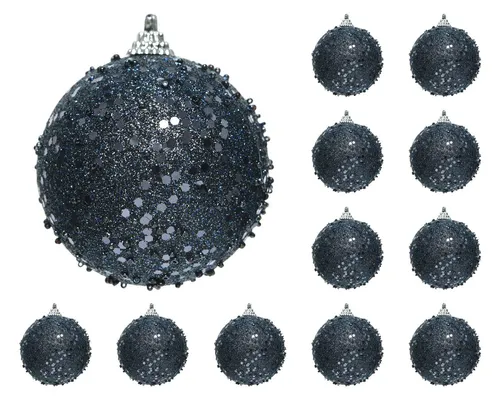 Kaemingk Weihnachtsbaumkugel, Weihnachtskugeln Kunststoff 8cm Glitzer Pailletten 12er Set Dunkelblau
