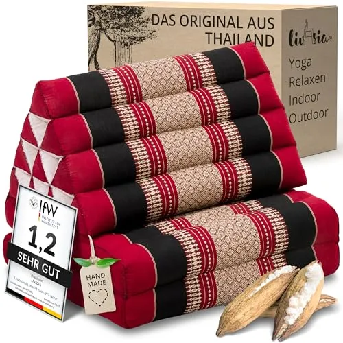 livasia Thaikissen mit 2 Auflagen - 120x50x8cm - Handgefertigtes Dreieckskissen (Rot/Schwarz) - Genieße entspannende Momente mit diesem vielseitigen Thaikissen. Ideal für Yoga, Meditation oder gemütliche Abende im Freien. Handgefertigt aus nachhaltigem Kapok und robustem Baumwollbezug.