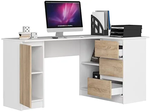 BDW Eckschreibtisch Rechts, 3 Schubladen, 4 Einlegeböden - Schreibtisch für Jugendzimmer und Büros, ergonomisches Design mit viel Stauraum und stabiler Konstruktion für effizientes Arbeiten.