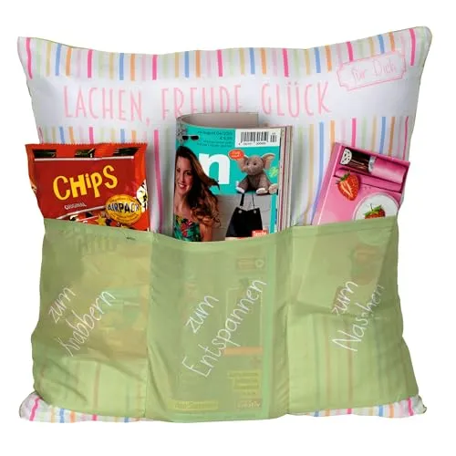 KAMACA Glückszeit Dekokissen mit Füllung Originelles Kissen mit Spruch Kuschelkissen 43x43 cm Geschenkidee Frauen Mamas Freundinnen für viele Anlässe Geburtstag Weihnachten (Lachen Freude Glück)