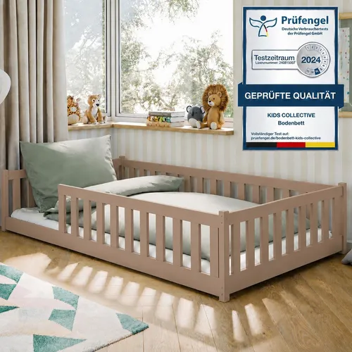 Montessori Kinderbett 120x200 cm mit Rausfallschutz und Lattenrost - Milchschokolade - Das stilvolle Montessori Kinderbett fördert Selbstständigkeit und Sicherheit. Mit einer niedrigen Höhe für einfaches Ein- und Aussteigen und robustem Kiefernholz ist es ideal für aktive Kinder. Perfekt für Spiel und Entspannung.
