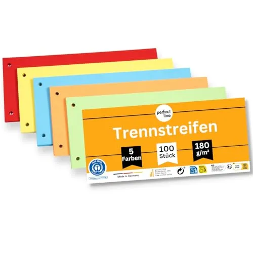 perfect line - 100 Trennstreifen für Ordner A4, Trennblätter aus Recycling-Karton, 5 Farben, gelocht, Made in Germany, Blauer Engel zertifiziert