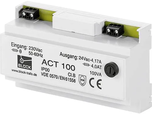 Block ACT 100 Sicherheitstransformator 1 x 230 V/AC 1 x 24 V/AC 100 VA - Netzteile: Sicherheitstransformator mit galvanischer Trennung, ideal für SELV und PELV Stromkreise, robustes Kunststoffgehäuse für Tragschieneneinbau.