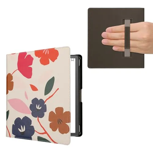 kwmobile Klapphülle kompatibel mit Amazon Kindle Scribe (2022/2024) Hülle - Flipcase für den eReader mit Handschlaufe - Blumen Farbenfroh Pink Dunkelblau Creme