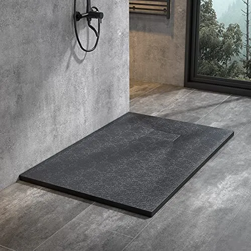 WITEN&NOCK Duschwanne 140x80 cm SMC Brausewanne Schwarz Steinoptik Duschtasse Extraflach Anti-Rutsch