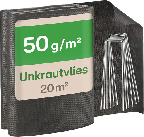 Unkrautvlies 50g/m² – 20m² Gartenvlies mit 12 Erdankern 20 m² (2x10m) langlebig
