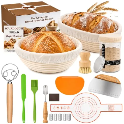 AOJN Sauerteig Starter Set 21-teilig Brotbackset mit Gärkörben Rund & Oval | Brot Backen Zubehör für Anfänger, Gärkorb Brot Set für Sauerteigbrot, Sauerteig Zubehör Geschenk für Hobbybäcker