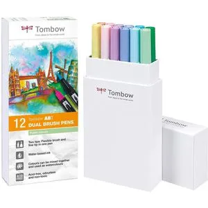 Tombow Brush-Pen ABT-12P-2 - Pastellfarben Dual Brush Pen Set - Schreibutensilien mit 12 Pastellfarben, ideal für Handlettering und Watercoloring. Mit feiner und flexibler Pinselspitze für präzise Linien und flächigen Auftrag, wasserbasis, ungiftig und geruchlos.