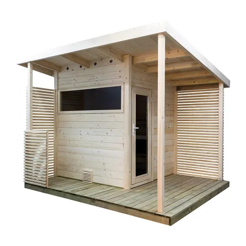Sentiotec Gartensauna Scala Medium - Massivsauna aus Fichte, großzügige Abmessungen ca. 344x313 cm, ideal für entspannende Wellnessmomente im eigenen Garten.