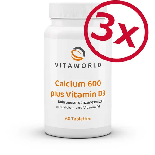 Vita World 3er Pack Calcium 600mg plus Vitamin D 3 x60 Tabletten Made in Germany