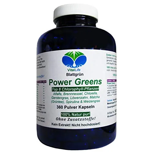 Power Greens Top 8 Chlorophyll Pflanzen 360 Pulver Kapseln Natur Pur NICHT hochdosiert KEIN Extrakt OHNE Zusatzstoffe OHNE Füllstoffe. 26333