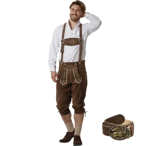 dressforfun Echtleder Lederhose Herren lang - Dunkelbraun, 54 - Trachtenlederhose aus robustem Rindspaltleder, inklusive verstellbaren Hosenträgern und Gürtel. Ideal für Oktoberfest und Volksfeste, kombiniert Tradition mit modernem Stil.