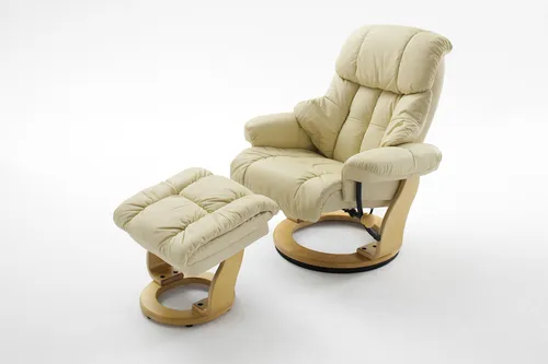 Robas Lund Relaxsessel Calgary mit Hocker - Ergonomischer Lehnstuhl mit drehbarer Funktion, bis 130 kg belastbar und aus hochwertigem Creme Echtleder für optimalen Komfort.