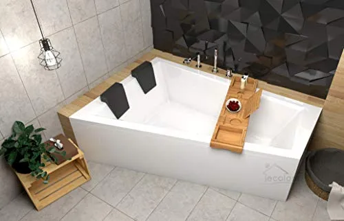 ECOLAM® Badewanne Intima Duo Eckwanne für Zwei 180x125 cm LINKS + Ablage Bambus + Schürze aus Acryl + 2x Kopfstütze Ab- und Überlauf Automatik Füße Silikon