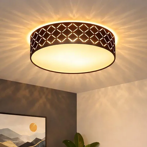 Elegante Deckenleuchte Textil schwarz mit Goldakzenten - Lampen: Runde Deckenleuchte (Ø 38 cm) mit schwarzem Textilschirm und goldfarbiger Innenseite für beeindruckende Lichteffekte. Inklusive 2x 7W LED-Leuchtmittel für warmweißes Licht.