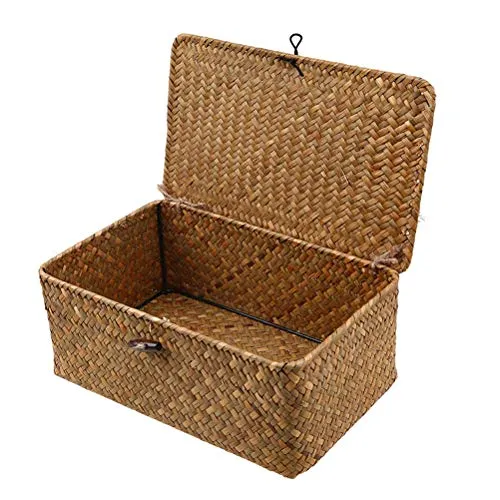 Esoes Aufbewahrungskorb aus geflochtenem Rattan, Aufbewahrungsbox mit Deckel, Seegras, Wäschekörbe, Make-up-Organizer für Badezimmer, Wohnzimmer, Küche
