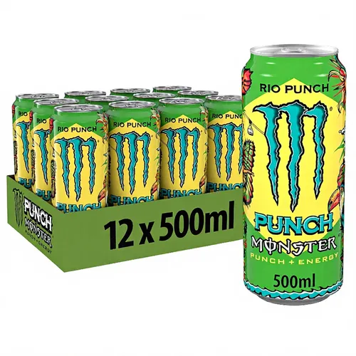 MONSTER ENERGY Rio Punch Energy Drink, erfrischend mit tropischem Geschmack, praktische 12x0,5L Dose im Kasten