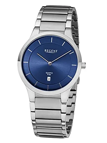 REGENT Herrenuhr F-1345 mit Edelstahl Armband - Elegante Armbanduhr für Herren mit 39 mm Durchmesser, blauen Zifferblatt und spritzwassergeschützt. Ausgestattet mit hochwertigem Miyota Quarzwerk für präzise Zeitmessung.