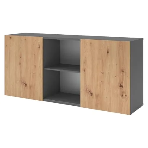 bümö Schwebetürenschrank, Sideboard Graphit/Asteiche - Büromöbel Sideboard aus hochwertiger Spanplatte, 160 cm breit, ideal für Akten und Bücher. Mit 2 höhenverstellbaren Böden und Schwebetüren für platzsparende Nutzung.