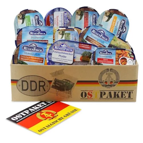 OLShop AG Ostpaket Rügen Fisch - 10 typische DDR Produkte - Fisch & Meeresfrüchte-Geschenkideen: Exklusives Ostpaket mit 10 köstlichen DDR Fischspezialitäten, perfekt als außergewöhnliches Geschenk für Männer.